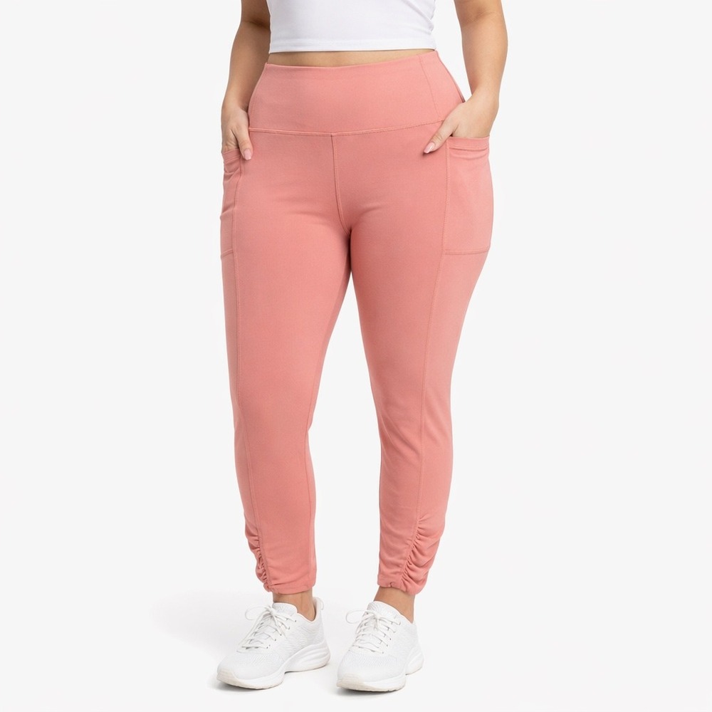 Kay Unger Womens Large Pink Peach High Waist Ruched Athletic Leggings 7/8 Pocket